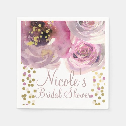 Pink  Gold Modern Floral Watercolor Bridal Shower Napkins