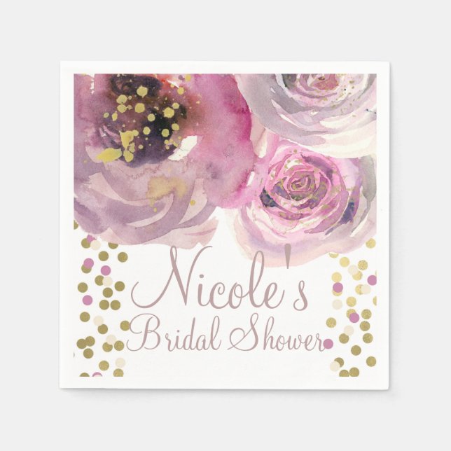 Pink & Gold Modern Floral Watercolor Bridal Shower Napkins (Front)