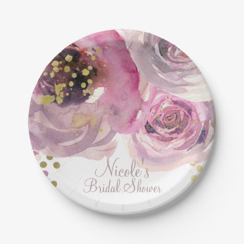 Pink  Gold Modern Floral Watercolor Bridal Shower Paper Plates