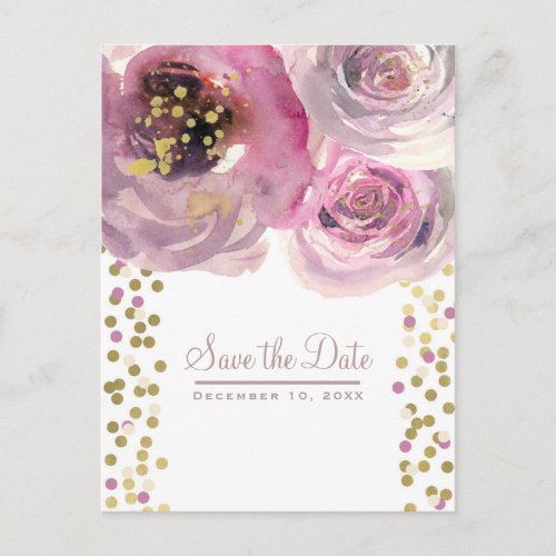 Pink  Gold Modern Floral Watercolor Save the Date Announcement Postcard