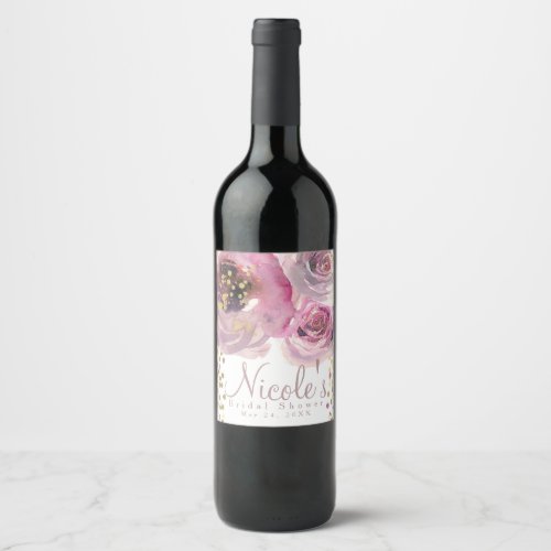 Pink Gold Modern Floral Watercolor Wedding Wine Wine Label