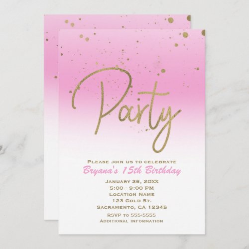 Pink  Gold Modern Glam Confetti Birthday Party Invitation