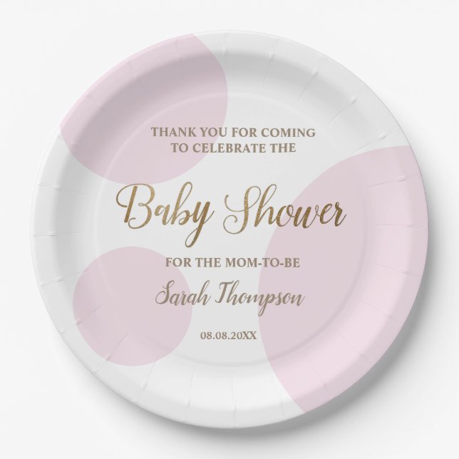 Pink Gold Modern Polkadot baby shower Paper Plates (Front)