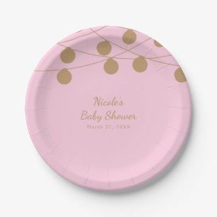 Pink & Gold Modern String Lights Chic Party Paper Plates