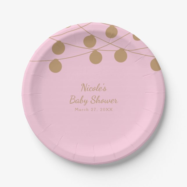 Pink & Gold Modern String Lights Chic Party Paper Plates (Front)