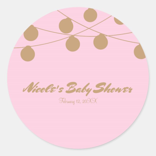 Pink & Gold Modern String Lights Party Favor Classic Round Sticker (Front)