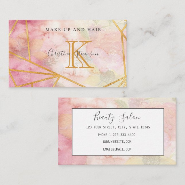 Pink Gold Monogram Floral Makeup Artist Hair Salon Business Card (Front/Back)
