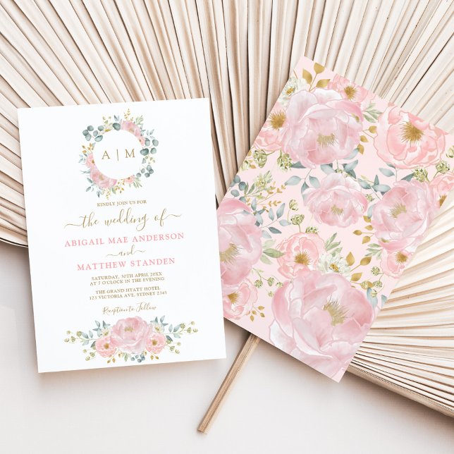 Pink Gold Monogram Watercolor Floral Wedding Party Invitation (Creator Uploaded)