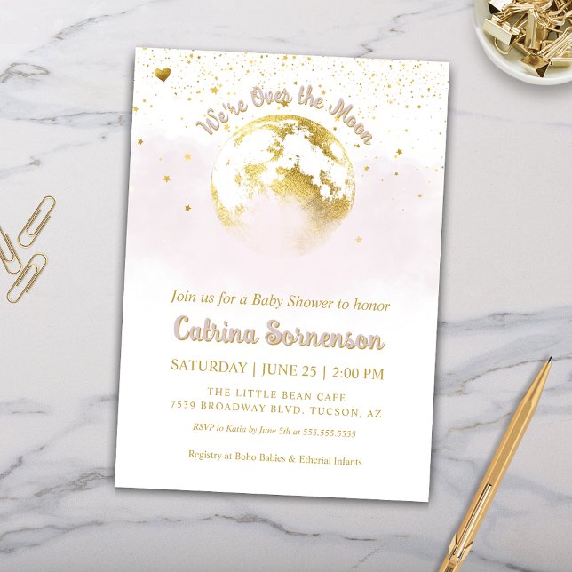 Pink Gold Moon and Stars Celestial Baby Shower Invitation (Pink and Gold Over the Moon Baby Shower Invitation for Baby Girl Celestial Baby Shower)