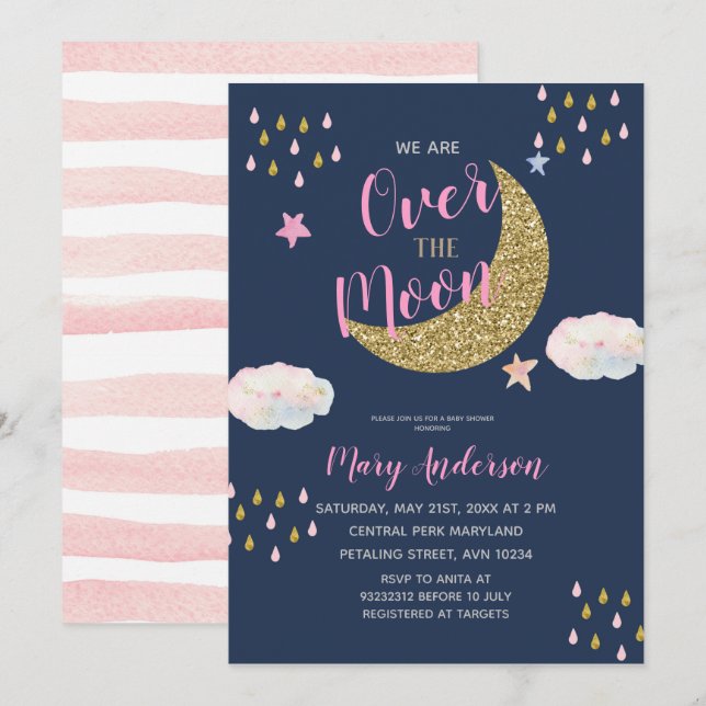 Pink Gold Moon Baby Shower Invitation (Front/Back)