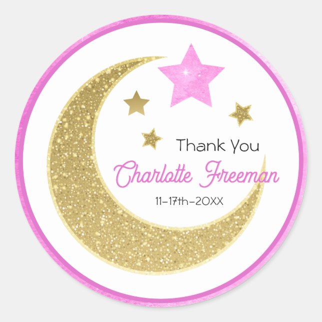 Pink Gold Moon & Stars Baby Shower Thank You  Classic Round Sticker (Front)
