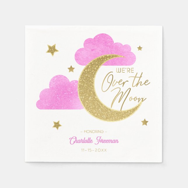Pink Gold Moon & Stars Over the Moon Baby Shower Napkins (Front)