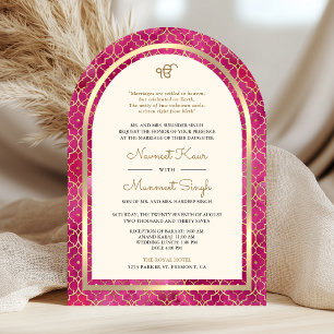 Pink Gold Moroccan QR Code Sikh Arch Wedding Invitation