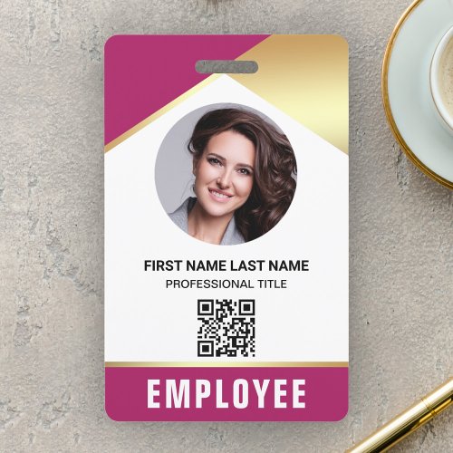 Pink Gold Name Photo QR Code Employee ID Card Badge