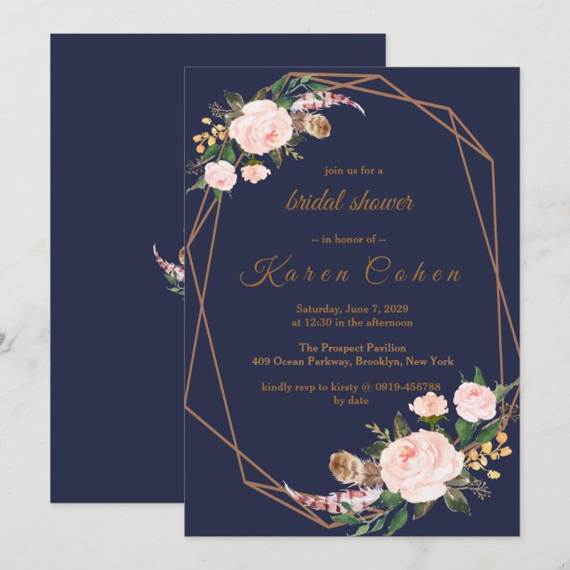 Pink Gold Navy Boho Chic Floral Bridal Shower Invitation (Front/Back)