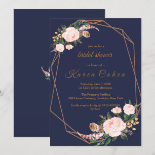 Pink Gold Navy Boho Chic Floral Bridal Shower Invitation