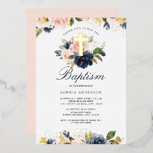 Pink Gold Navy Floral Baptism Foil Invitation