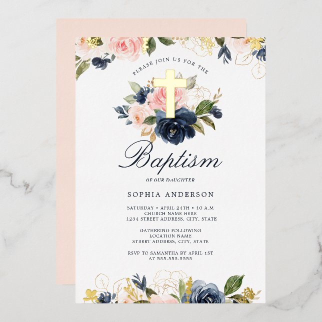 Pink Gold Navy Floral Baptism  Foil Invitation (Front/Back)