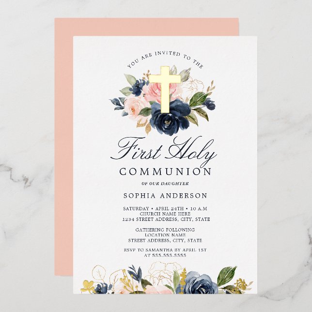 Pink Gold Navy Floral Girls First Communion  Foil Invitation (Front/Back)