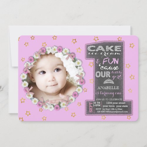 Pink Gold Number One Photo Girl 1st Birthday Invitation