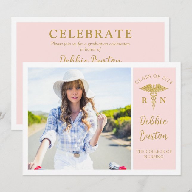 Pink & Gold Nursing School Photo Graduation Party Invitation (Front/Back)