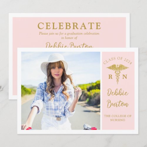 Pink &amp; Gold Nursing School Photo Graduation Party Card