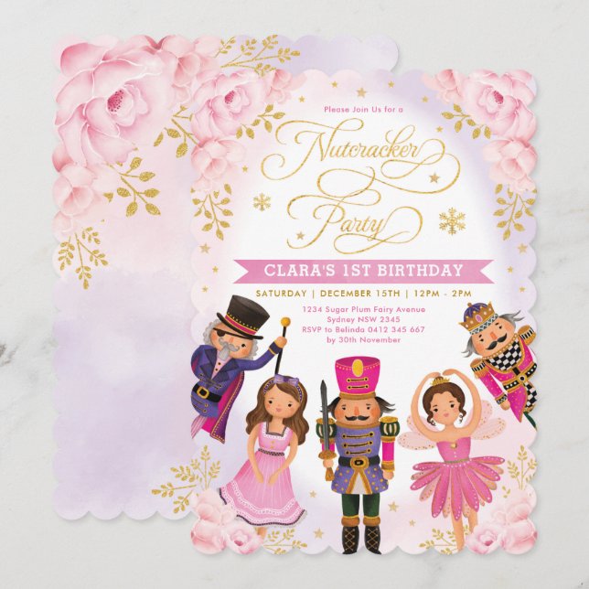 Pink Gold Nutcracker Party Winter Floral Birthday Invitation (Front/Back)