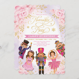 Pink Gold Nutcracker Party Winter Floral Birthday Invitation