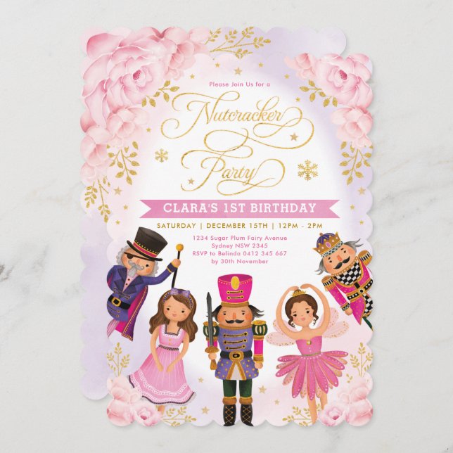 Pink Gold Nutcracker Party Winter Floral Birthday Invitation (Front/Back)