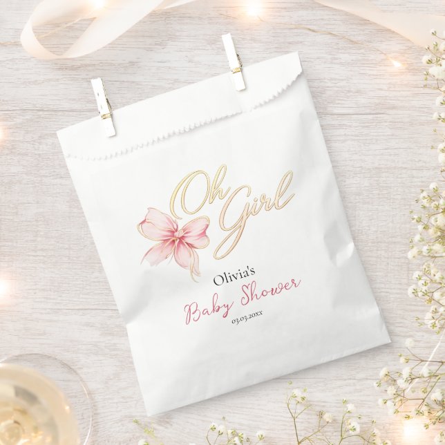 Pink & Gold “Oh Girl” Gold Typography Baby Shower Favor Bag (Clipped)