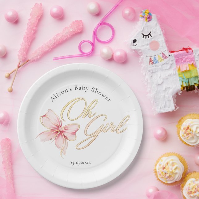 Pink & Gold “Oh Girl” Gold Typography Baby Shower Paper Plates (Party)