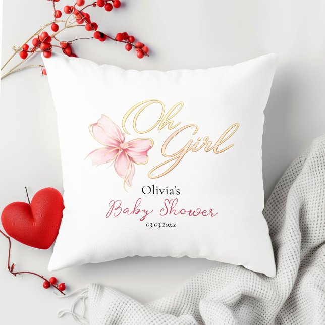 Pink & Gold “Oh Girl” Gold Typography Baby Shower Throw Pillow (Creator Uploaded)
