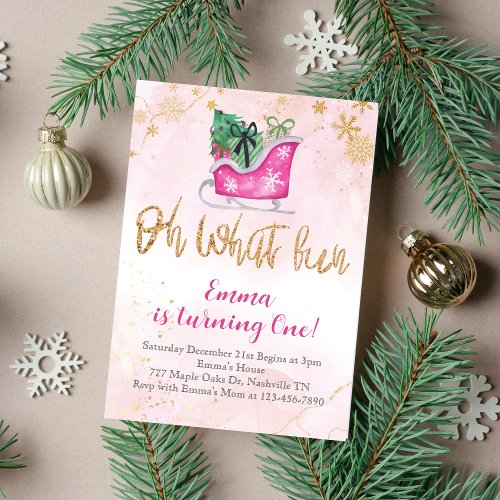 Pink Gold Oh What Fun Christmas 1st Birthday  Invitation
