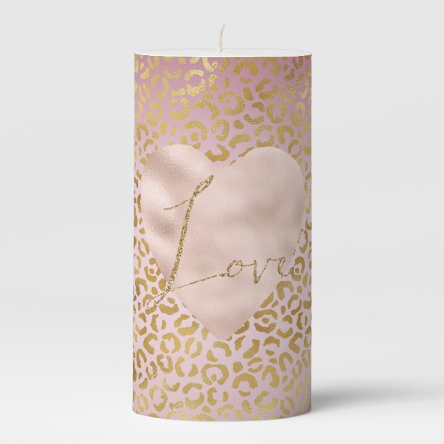 Pink Gold Ombre Leopard Print Love Blush Heart   Pillar Candle (Front)