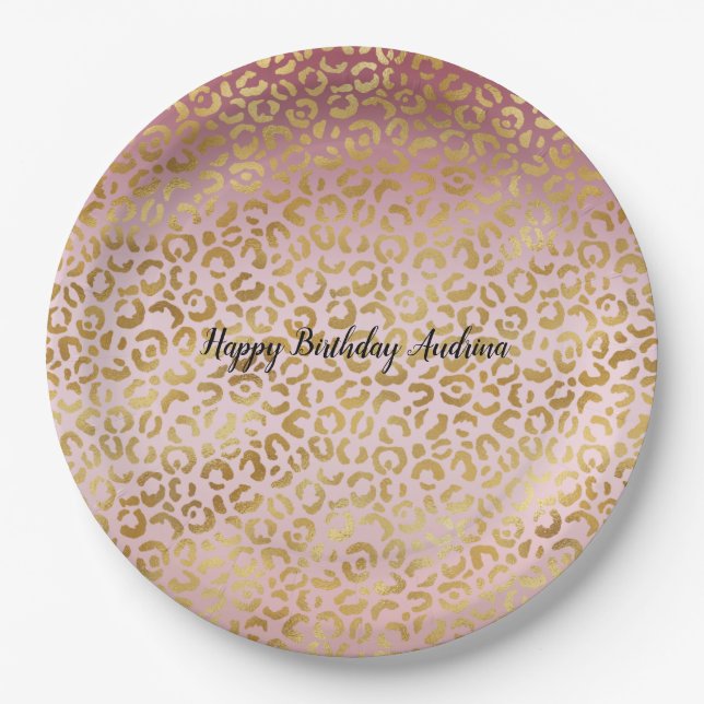 Pink Gold Ombre Leopard Print          Paper Plates (Front)