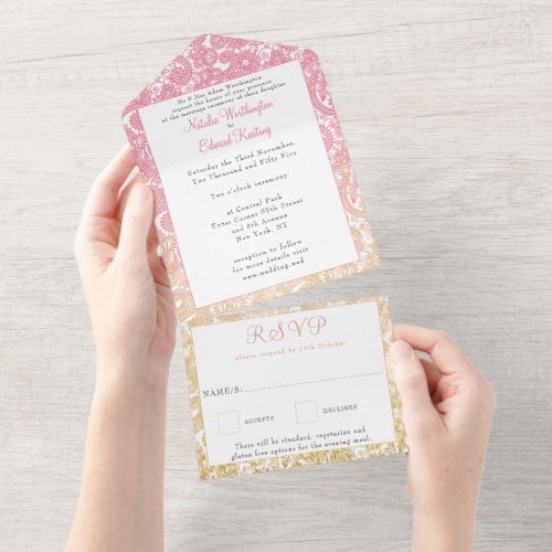 Pink Gold Ombre Paisley Henna Wedding RSVP All In One Invitation