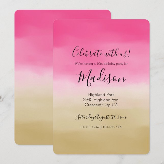 Pink Gold Ombre Watercolor Invitation (Front/Back)