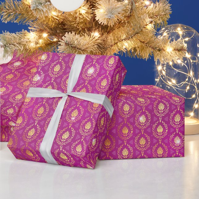 Pink & Gold Ornamental Luxe Pattern with Sparkles Wrapping Paper (Holidays)