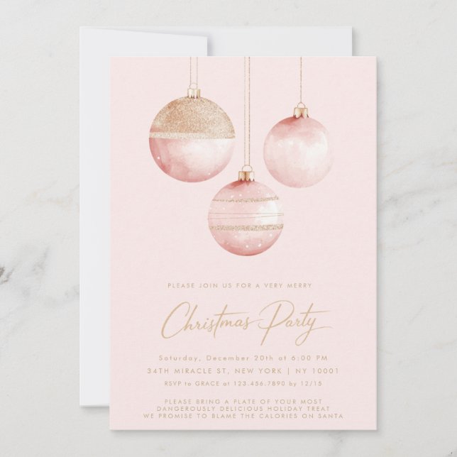 Pink Gold Ornaments Minimalist Christmas Party Invitation (Front)