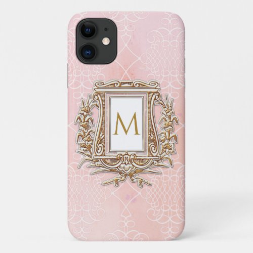 Pink Gold Ornate Vintage Watercolor Damask Initial iPhone 11 Case
