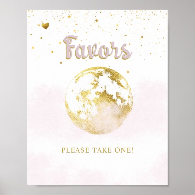 Pink Gold Over the Moon Favors Baby Shower Sign (Front)