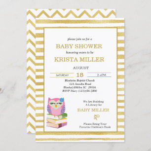 Pink Gold Owl Bring A Book Baby Shower Invitation