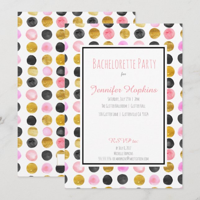 Pink & Gold Paint Polka Dots Party Invitations (Front/Back)
