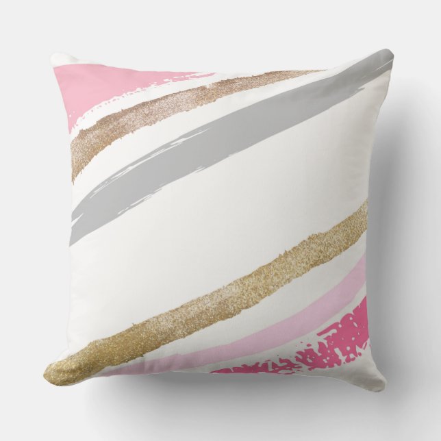 Pink & Gold Painted Stripes Throw Pillow (Front)