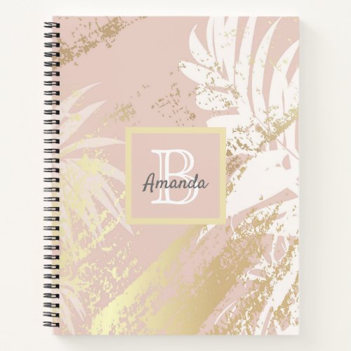 Pink gold palm tree leaves monogrammed notebook