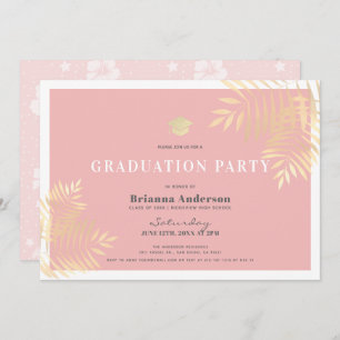 Pink Gold Palm Tree Tropical Graduation Party Invitation