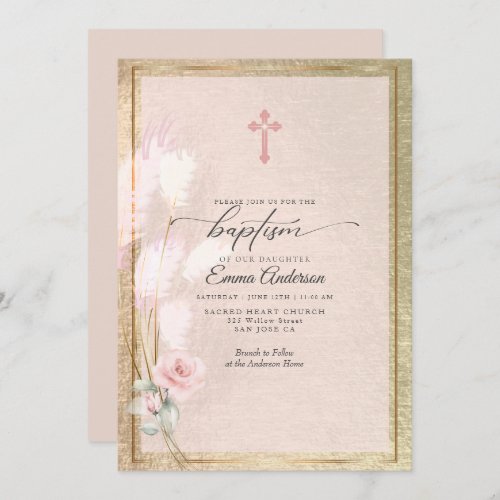 Pink Gold Pampas Grass  Floral BAPTISM Invitation