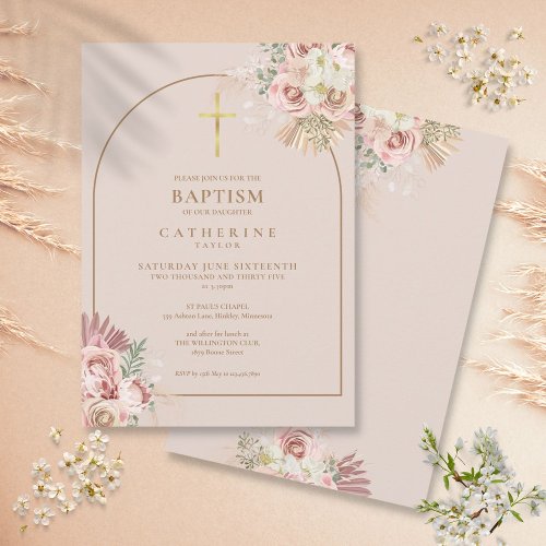 Pink Gold Pampas Grass Girl Baptism Christening  Invitation