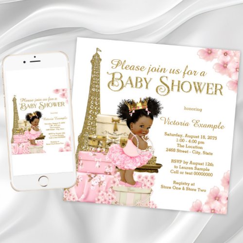 Pink Gold Paris Afro Princess Baby Shower Invitation