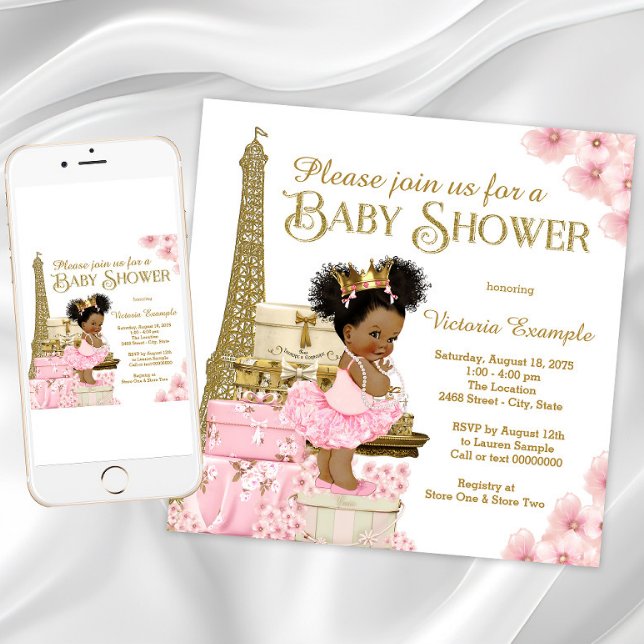 Pink Gold Paris Afro Princess Baby Shower Invitation